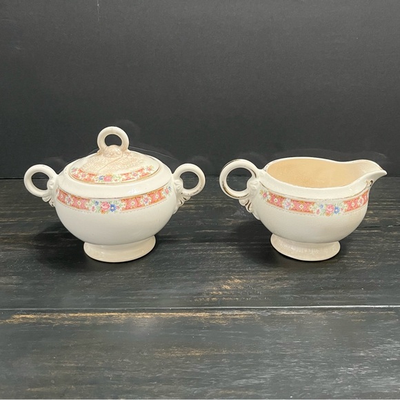 Antique Crown Potteries Co Creamer and Sugar Bowl Set  Pink Floral Design - Picture 5 of 16